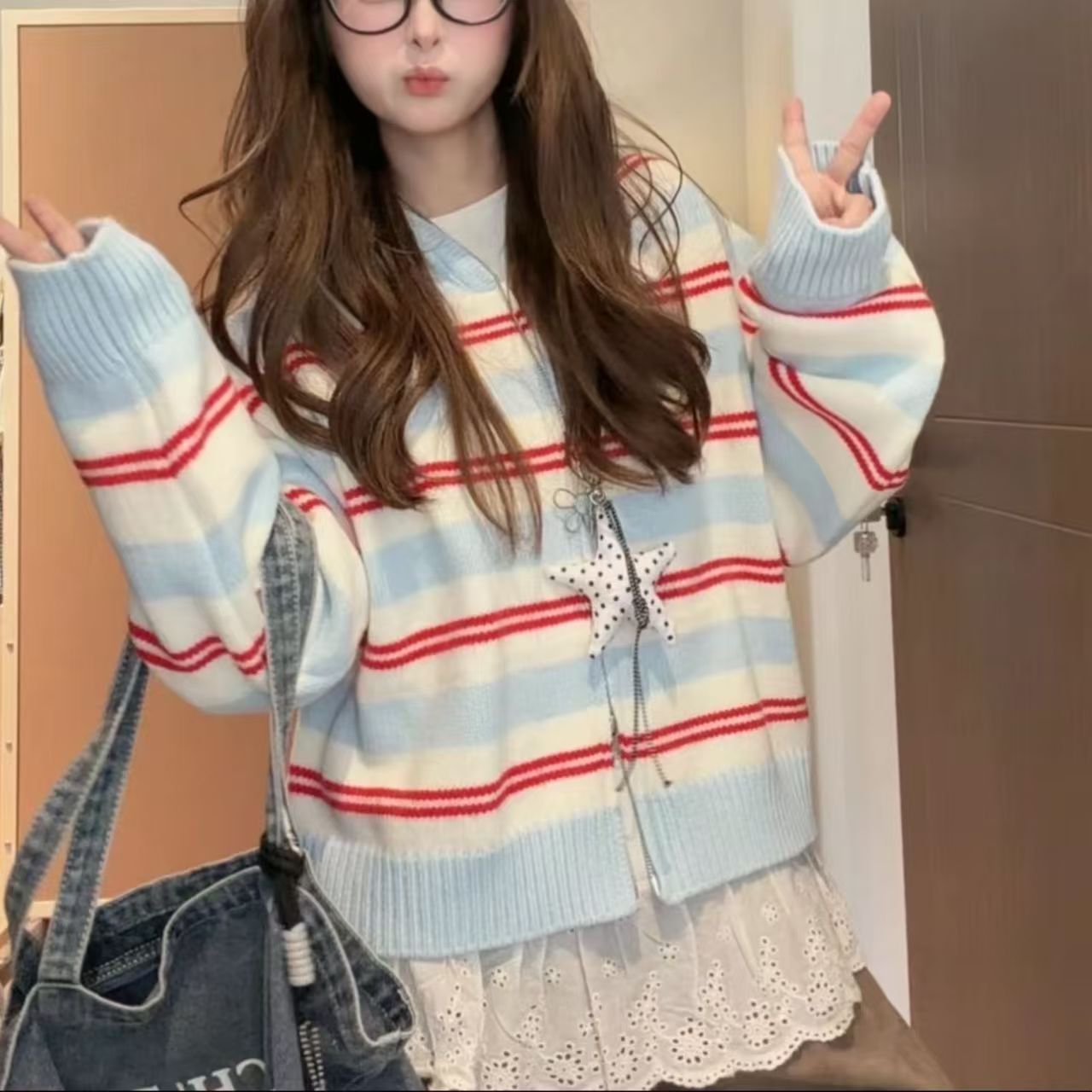 Embroidery Zip Up Hoodie - Y2K Preppy Women Zip‑Up Knit Cardigan