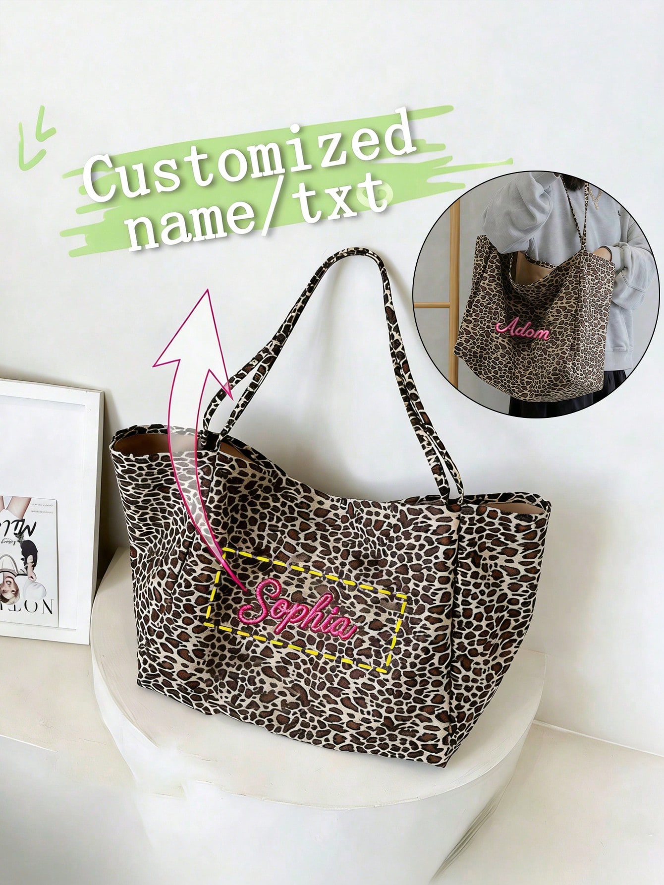Embroidery Name - Custom Name Leopard Print Tote Bag
