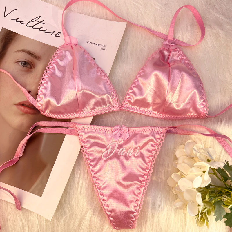 Embroidery Name - Custom Name Thongs Triangle Bra Set