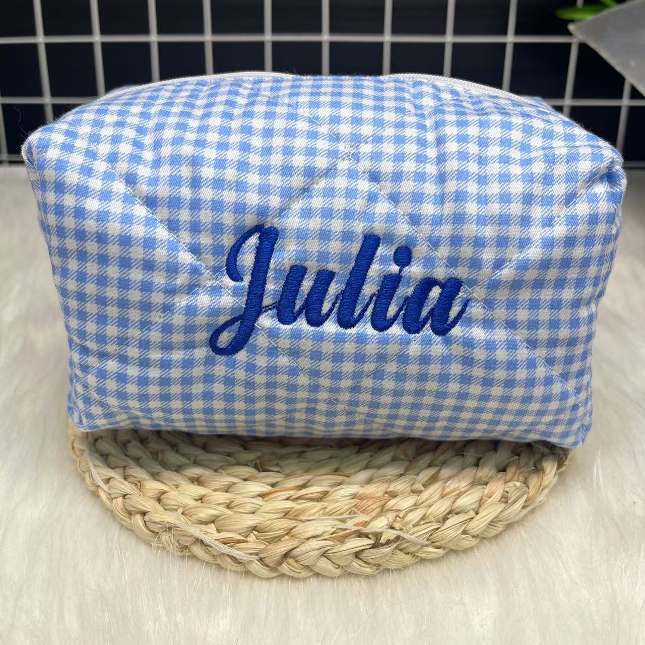 Embroidery Name - Large Capacity Striped Cosmetic Bag with