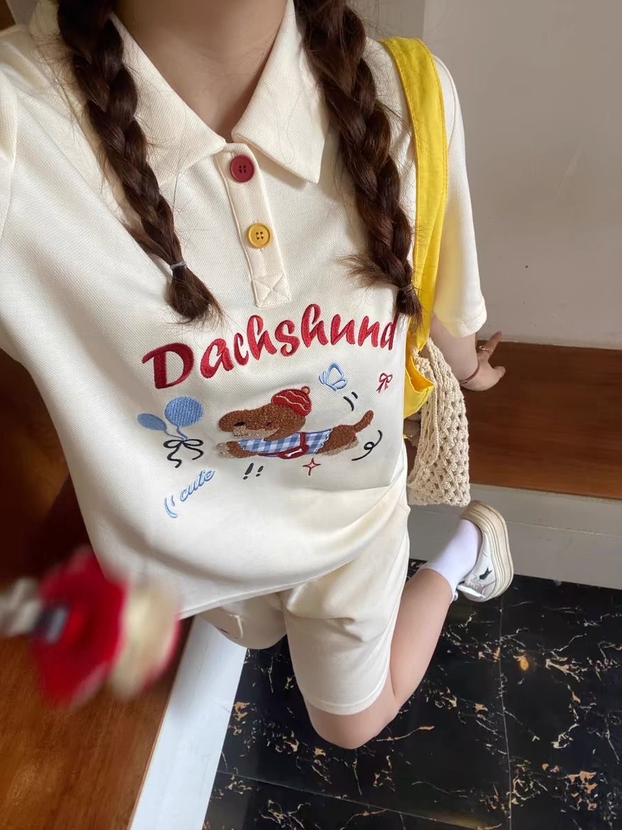 Embroidery Cotton Shirt - Kawaii Embroidery Dog Japan Style Polo