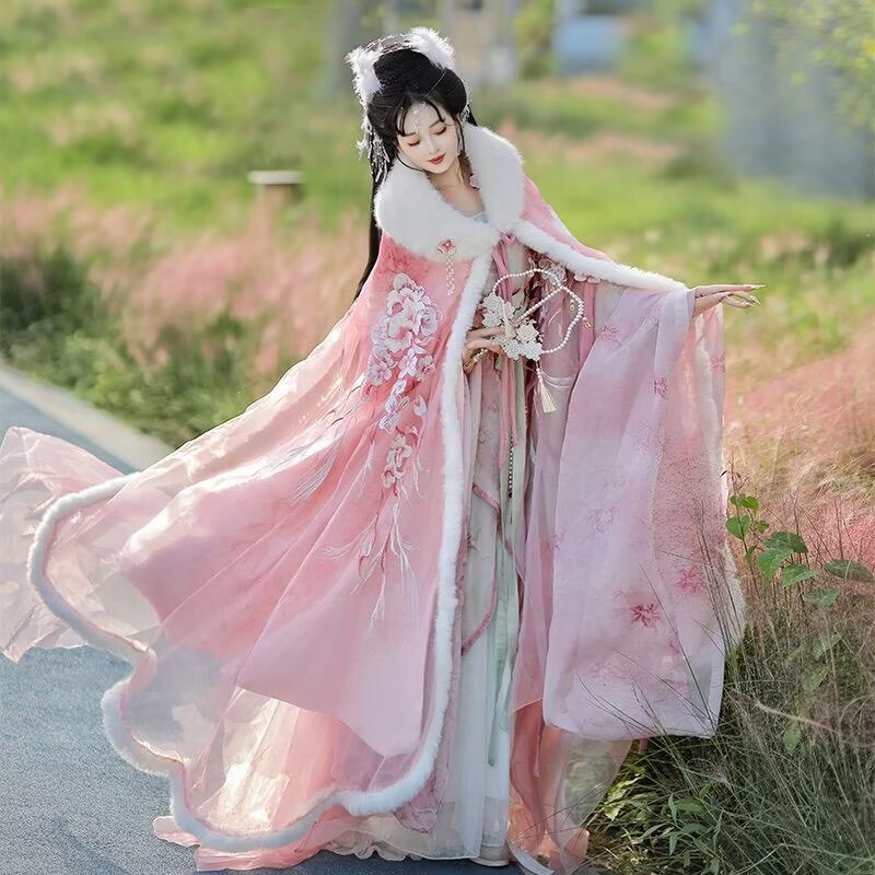 Embroidery Xmas - Pink&Red Hanfu Cloak Dress Women Xmas
