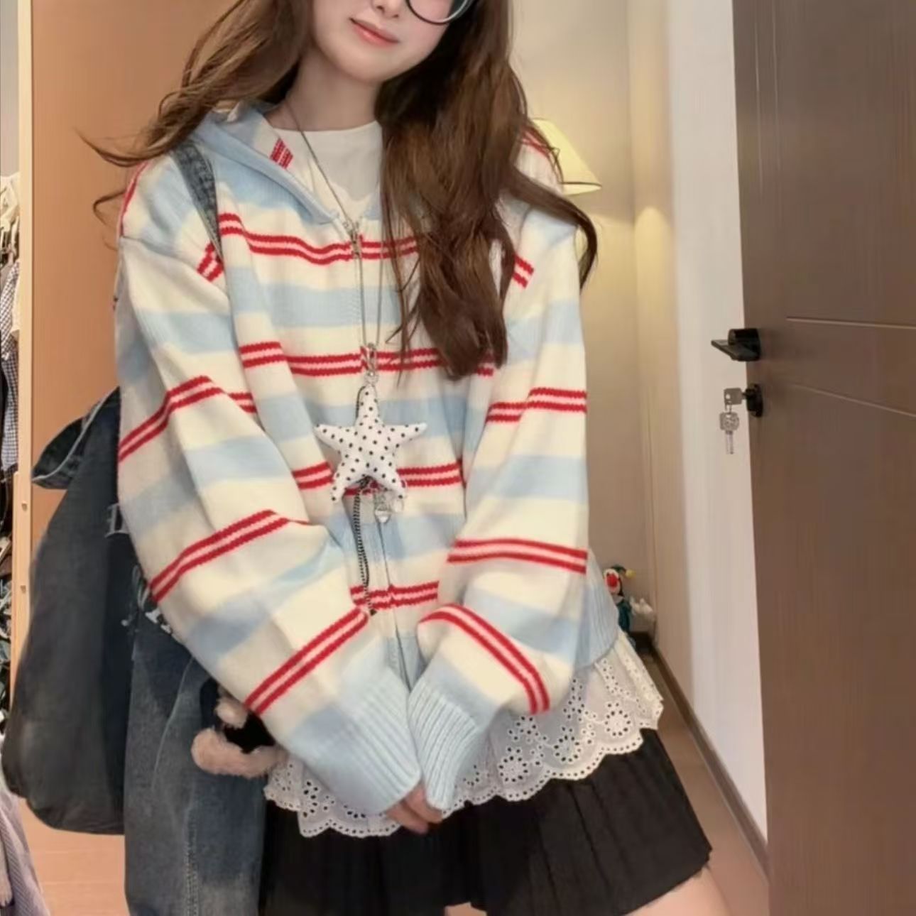 Y2K Preppy Women Zip‑Up Knit C - đánh giá và giá Embroidery Zip Up Hoodie