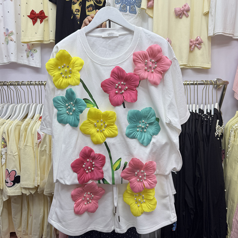 Summer Colorful 3D Flowers T-s - đánh giá và giá Embroidery Cotton Shirt