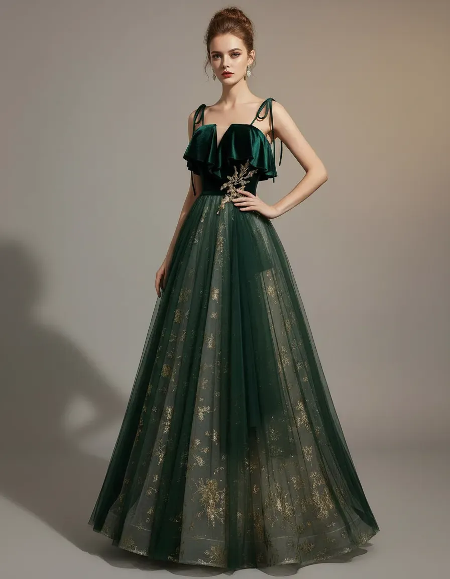Emerald Green Velvet Top Tulle - đánh giá và giá Embroidery Gold