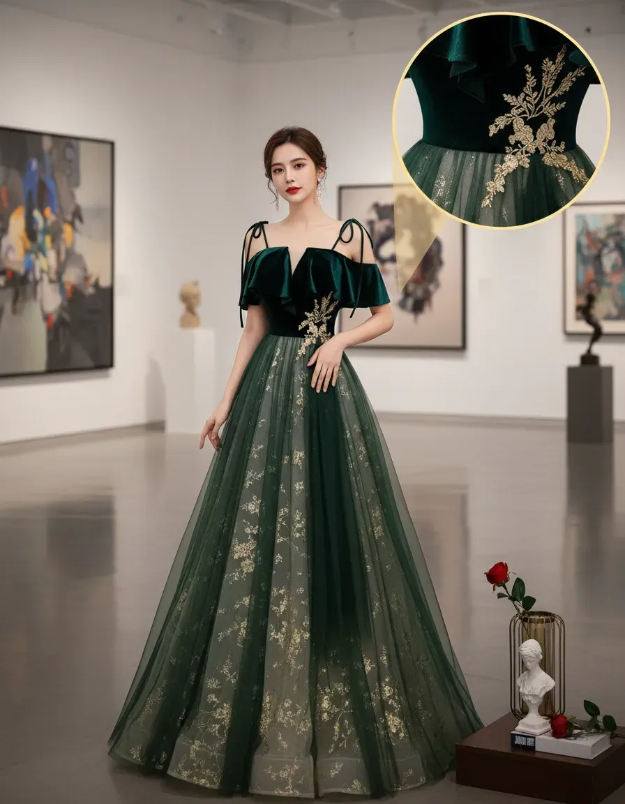Emerald Green Velvet Top Tulle - đánh giá và giá Embroidery Gold