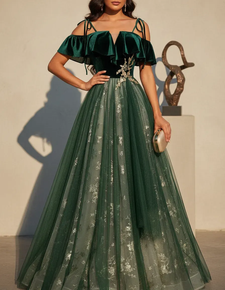 Emerald Green Velvet Top Tulle - đánh giá và giá Embroidery Gold